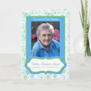 Blauwe en groene Floral Memorial Card met foto Aankondiging