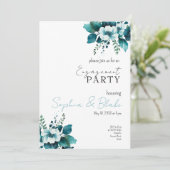 Blauwe en groene Floral White Engagement Party Kaart (Staand voorkant)