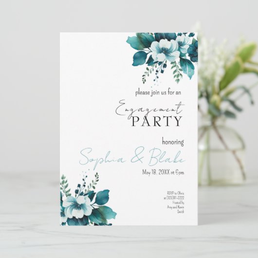 Blauwe en groene Floral White Engagement Party Kaart (Staand voorkant)