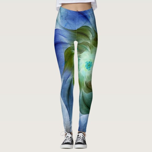 Blauwe en Groene Fractal Bloem Leggings (Voorkant)