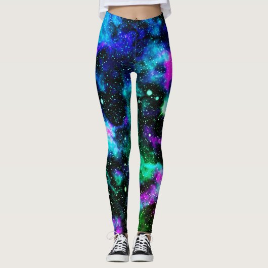 Blauwe en groene Galaxy Neon Yoga Leggings (Voorkant)