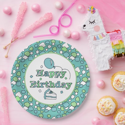 Blauwe en groene gelukkige verjaardag papieren bordje (Feest)