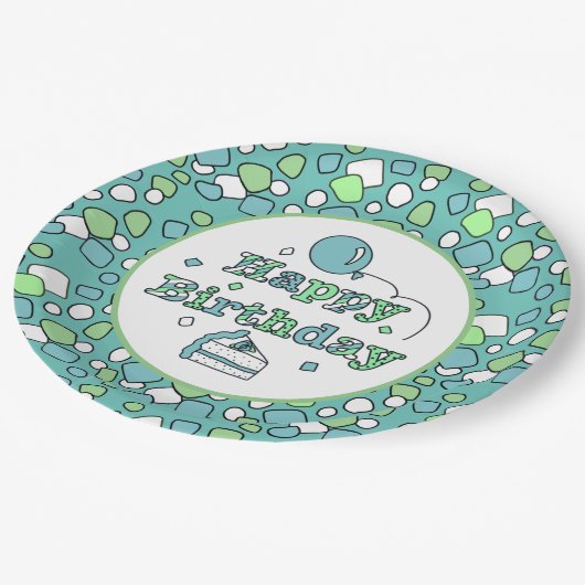 Blauwe en groene gelukkige verjaardag papieren bordje (Gekanteld)