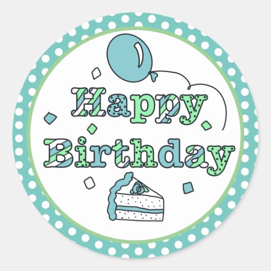 Blauwe en groene gelukkige verjaardag ronde sticker (Voorkant)