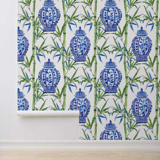 Blauwe en groene gemberpotten en bamboe behang (Applicatie)