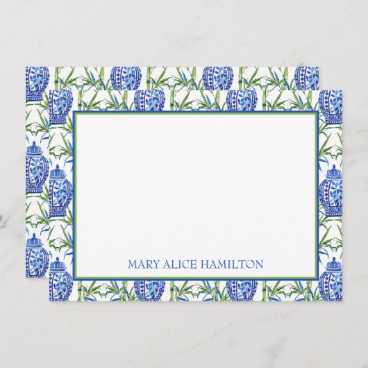 Blauwe en groene gemberpotten en bamboe informatiekaartje (Voorkant / Achterkant)