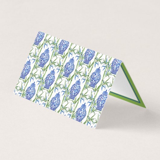Blauwe en groene gemberpotten en bamboe monogram kaart (Achterkant)