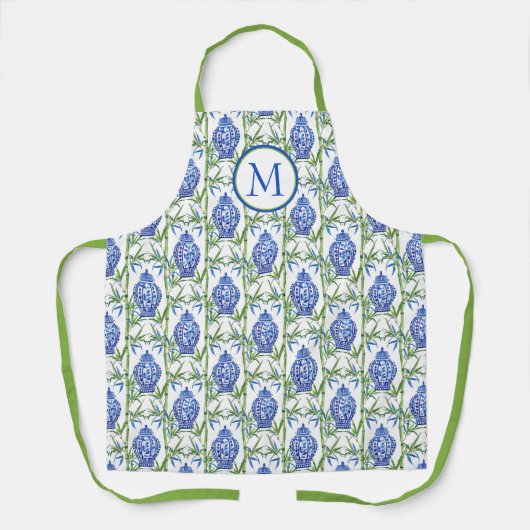 Blauwe en groene gemberpotten en bamboe monogram schort (Voorkant)