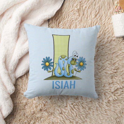 Blauwe en groene Gingham Letter I Inchworm Kussen (Deken)