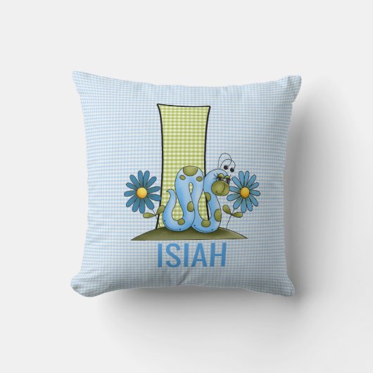 Blauwe en groene Gingham Letter I Inchworm Kussen (Voorkant)