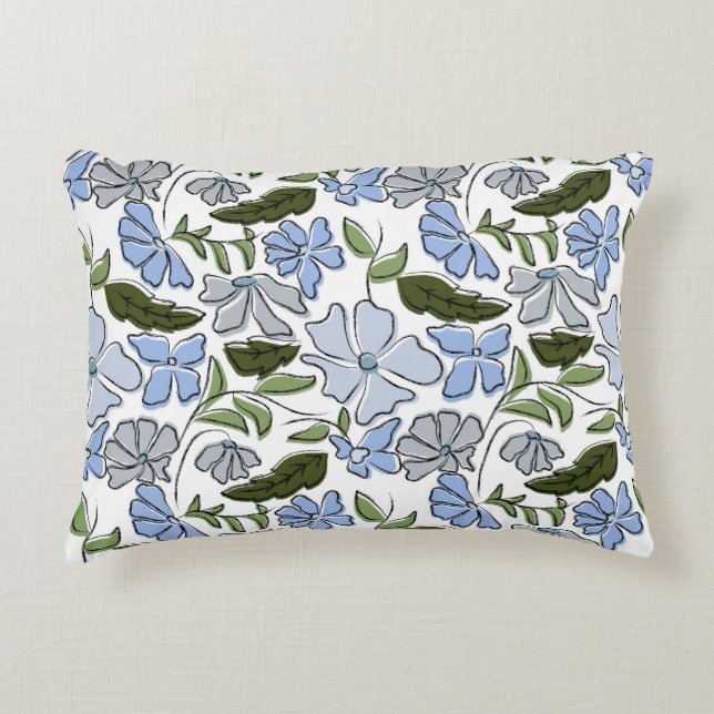 Blauwe en groene Hand Getrokken Bloemblok Print Accent Kussen (Voorkant)