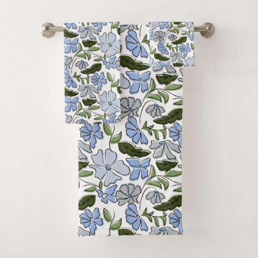 Blauwe en groene Hand Getrokken Bloemblok Print Bad Handdoek (Insitu)