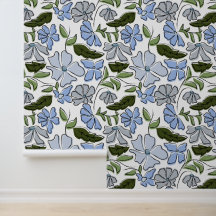 Blauwe en groene Hand Getrokken Bloemblok Print