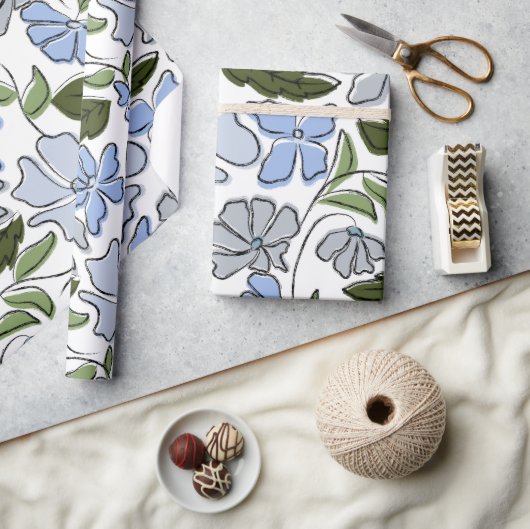 Blauwe en groene Hand Getrokken Bloemblok Print Cadeaupapier (Crafts)