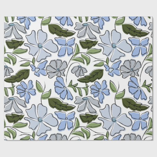 Blauwe en groene Hand Getrokken Bloemblok Print Cadeaupapier (Vlak)