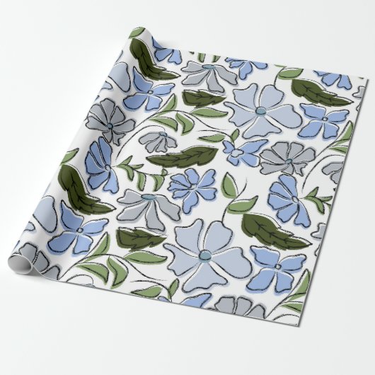 Blauwe en groene Hand Getrokken Bloemblok Print Cadeaupapier (Uitgerold)