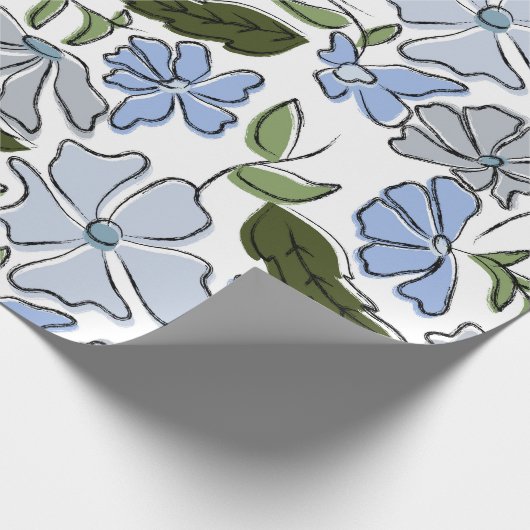 Blauwe en groene Hand Getrokken Bloemblok Print Cadeaupapier (Hoek)