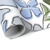 Blauwe en groene Hand Getrokken Bloemblok Print Cadeaupapier (Rol Hoek)