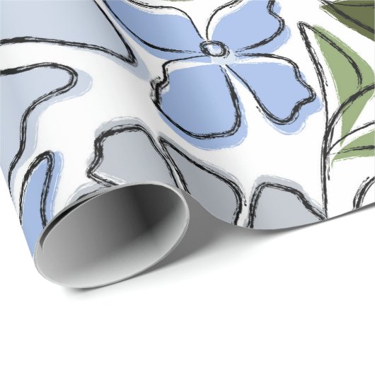 Blauwe en groene Hand Getrokken Bloemblok Print Cadeaupapier (Rol Hoek)