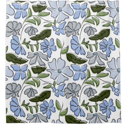 Blauwe en groene Hand Getrokken Bloemblok Print Douchegordijn (Voorkant)