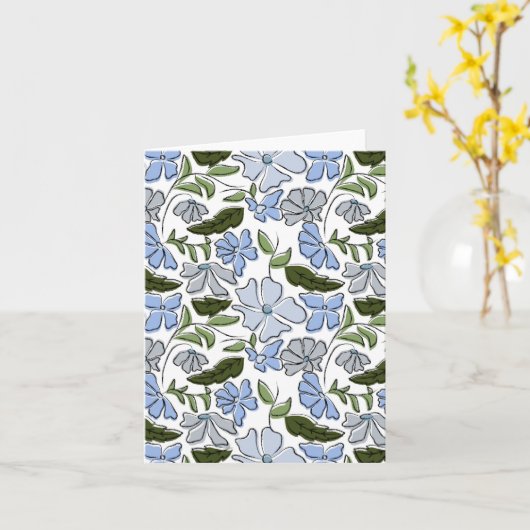 Blauwe en groene Hand Getrokken Bloemblok Print Kaart (Gele Bloem)