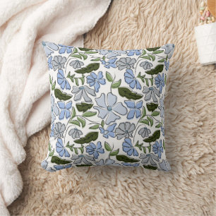 Blauwe en groene Hand Getrokken Bloemblok Print Kussen