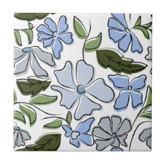 Blauwe en groene Hand Getrokken Bloemblok Print Tegeltje (Voorkant)