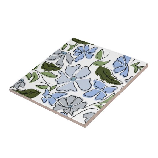 Blauwe en groene Hand Getrokken Bloemblok Print Tegeltje (Zijkant)