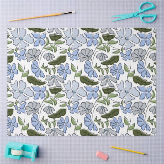 Blauwe en groene Hand Getrokken Bloemblok Print Tissuepapier (Craft)