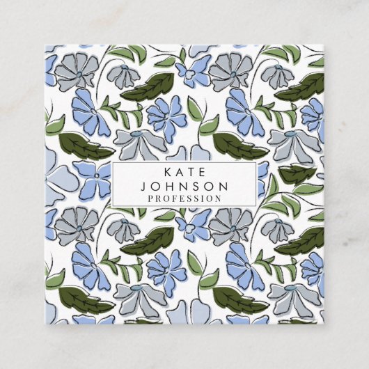 Blauwe en groene Hand Getrokken Bloemblok Print Vierkante Visitekaartje (Voorkant)