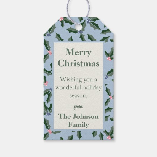 Blauwe en groene Holly Holiday Cadeaulabel (Voorkant)
