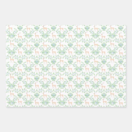 Blauwe en groene Holly Trellis met herten Inpakpapier Vel (Voorkant)