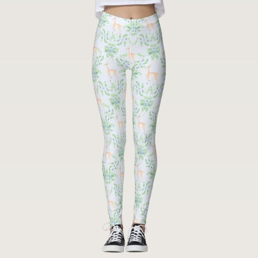 Blauwe en groene Holly Trellis met herten Leggings (Voorkant)