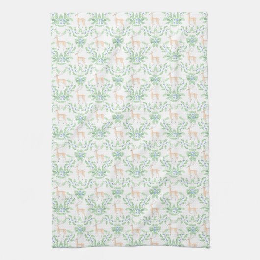 Blauwe en groene Holly Trellis met herten Theedoek (Verticaal)