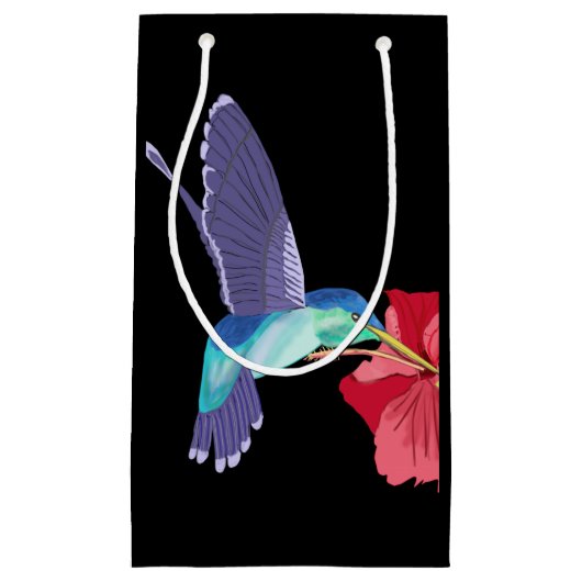 Blauwe en groene Hummingbird en rode Hibiscus Klein Cadeauzakje (Voorkant)