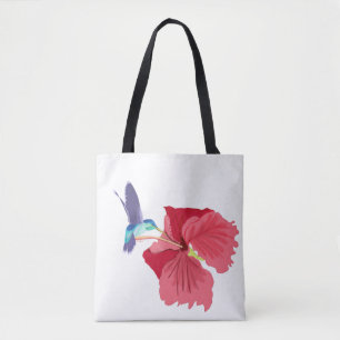 Blauwe en groene Hummingbird en rode Hibiscus Tote Bag