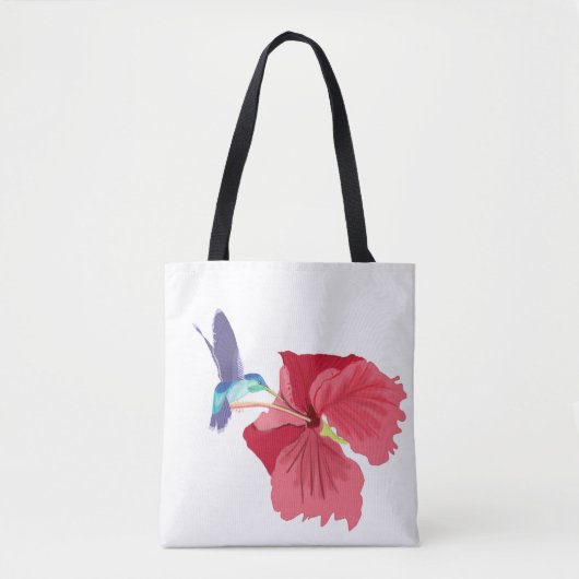 Blauwe en groene Hummingbird en rode Hibiscus Tote Bag (Voorkant)