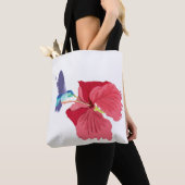 Blauwe en groene Hummingbird en rode Hibiscus Tote Bag (Dichtbij)