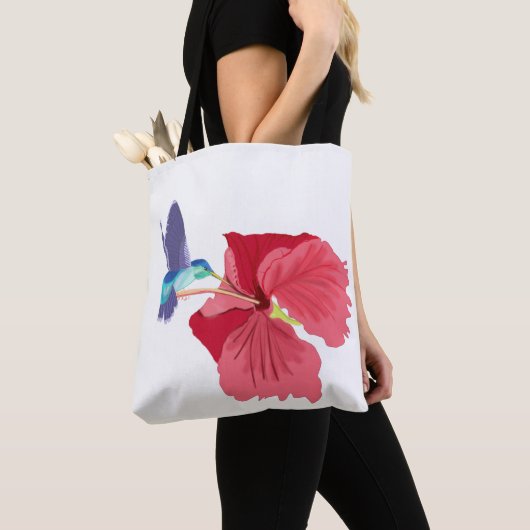 Blauwe en groene Hummingbird en rode Hibiscus Tote Bag (Dichtbij)