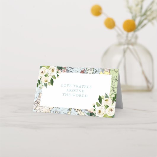 Blauwe en groene kaart met bloemrijke reisthema plaatskaartje (Achterkant)