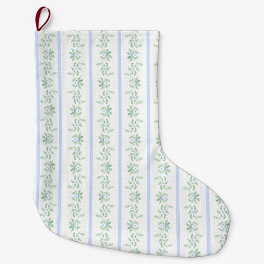 Blauwe en groene kerst Holly Stripe Grote Kerstsok (Voorkant)