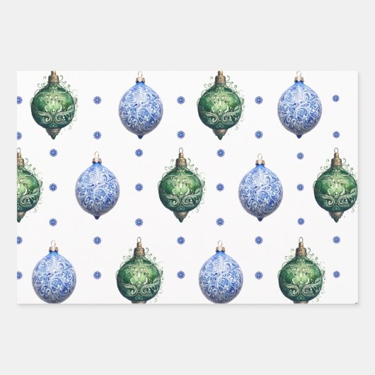 Blauwe en Groene Kerstversieringen & Matching Inpakpapier Vel (Voorkant)