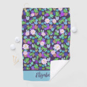 Blauwe en groene kikkers aangepaste naam dames golfhanddoek (Insitu)