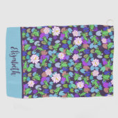 Blauwe en groene kikkers aangepaste naam dames golfhanddoek (Horizontaal)
