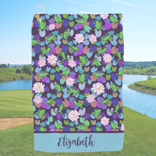 Blauwe en groene kikkers aangepaste naam dames golfhanddoek
