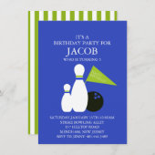 Blauwe en groene Kinder Bowling Party Birthday Inv Kaart (Voorkant / Achterkant)