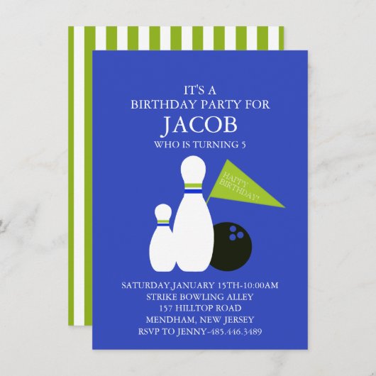 Blauwe en groene Kinder Bowling Party Birthday Inv Kaart (Voorkant / Achterkant)