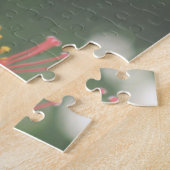 Blauwe en groene kolibrie en oranje hibiscus legpuzzel (Zijkant)