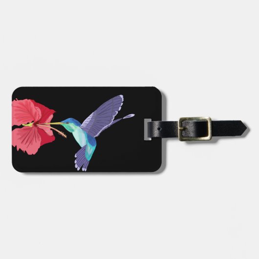 Blauwe en groene kolibrie en rode hibiscus bagagelabel (Voorkant horizontaal)