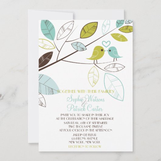 Blauwe en groene lovevogels en uitnodiging tot wed (Achterkant)